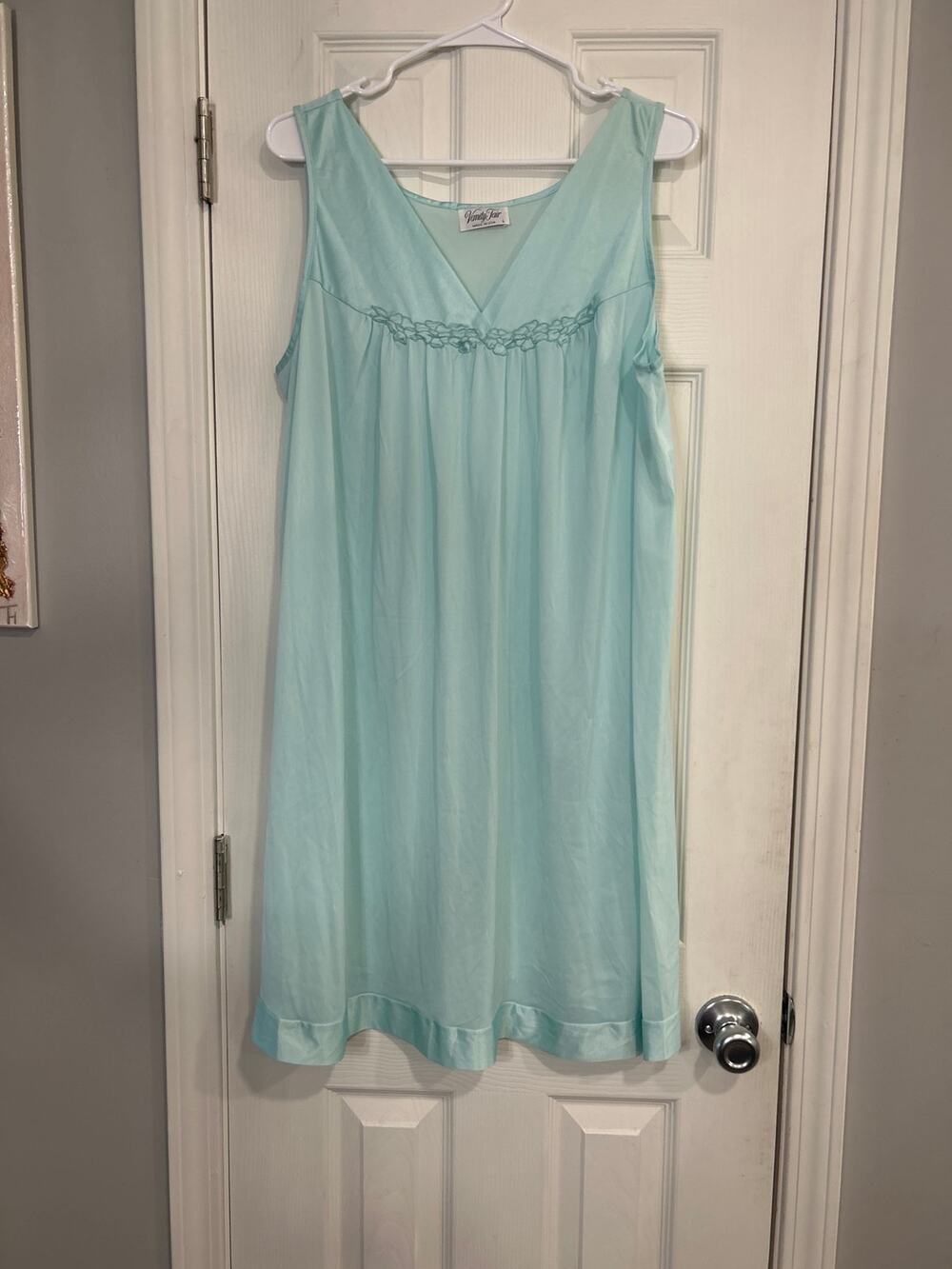 Vtg 1960s Vanity Fair Light Blue Nylon Tricot Smocked Nightgown Size L GUC